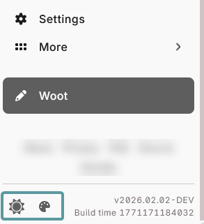 The WAFRN sidebar, showing the Settings button, the More button, and the Woot button. Then, at the bottom left, a square has been drawn around the "sun" icon and the "palette" icon.