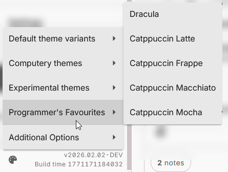 The cursor is hovering over the "Programmer's Favourites" category in the theme menu, which shows themes named Dracula, Catppuccin Latte, Catppuccin Frappe, Catppuccin Macchiato, and Catppuccin Mocha.