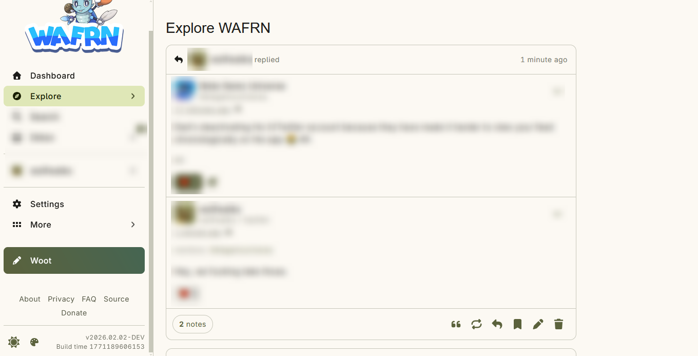A wide screenshot of the WAFRN Dashboard on the "Green" theme. The previously-white background has been made into a soft yellow-green pale color, and all of the gray or red accents have been turned green instead. The "Woot" button is a dark yellow-green to dark pine-green gradient.