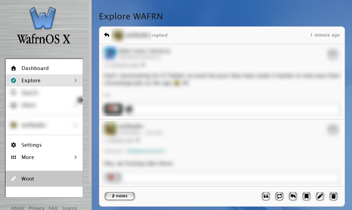 A wide screenshot of the WAFRN Dashboard on the "Aqua" theme. The sidebar has a brushed metal background, while the body of the page has a soft blue shapes background. Posts have a white (or very light gray) background, and the buttons on the posts are now rounded and shiny, like Mac OS buttons. The app.wafrn.net logo has been replaced with a glass-like "W" that says "WafrnOS X".