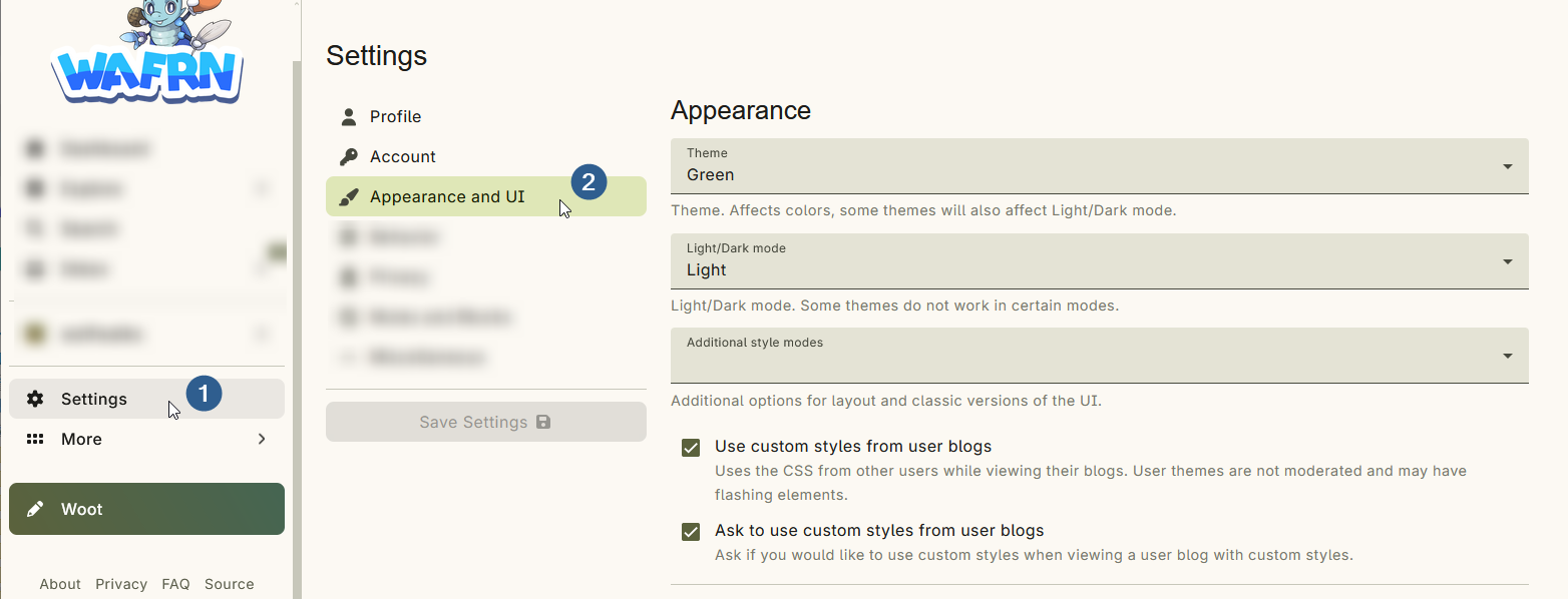 There are two cursors shown, showing sequential steps: First, clicking on "Settings" in the sidebar, then clicking on "Appearance and UI" in the Settings menu. To the right, the Appearance and UI submenu appears, showing options for a "Theme" dropdown, A "Light/Dark mode" dropdown, and "Additional style modes" dropdown. There are also checkboxes for "Use custom styles from user blogs" and "Ask to use custom styles from user blogs," which are both checked.