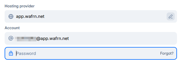 The Bluesky login page. The hosting provider has been written as "https://app.wafrn.net". The username/email has been written as username@app.wafrn.net. The password field is shown, empty.