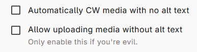 A closer cropped screenshot of the last two options under Content Warning behavior: "Automatically CW media with no alt text" and "Allow uploading media without alt text."