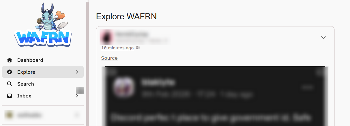 The "Explore WAFRN" feed. The sidebar looks the same as the Dashboard, but now instead of having "Dashboard" selected, "Explore" is marked as selected. On the feed, a post is visible from a WAFRN user 10 minutes ago, with a source link.