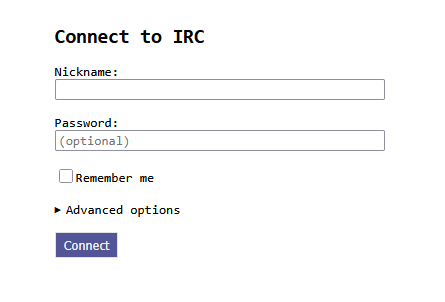The Gamja IRC login screen, with dark text on a white background. The header says, "Connect to IRC", followed by two short text fields: "Nickname" and "Password." "Password" is marked as "optional". There is a checkbox below that says, "Remember me," a dropdown for "Advanced options," and a button that says "Connect"