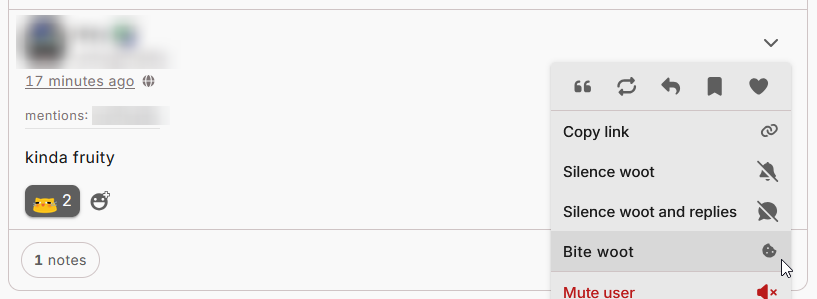 A public WAFRN post from 17 minutes ago, mentioning another user. The text reads, "kinda fruity". There are 2 "melted" cat emoji reactions below the post. In the top right, the post menu is open, with the cursor hovering over "bite woot" with a cookie icon.