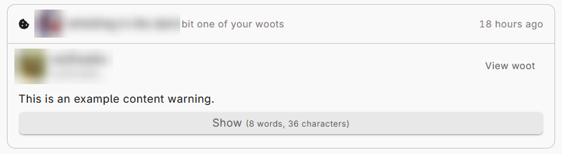 A bitten post notification. The bite icon appears in the top left, followed by the text, "(username) bit one of your woots, 18 hours ago" across the top. The bitten post is the "example content warning" post.