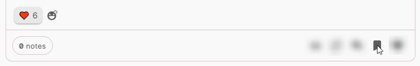 The bottom of a WAFRN post, showing 6 likes and 0 notes. In the bottom right corner, all of the interaction buttons are blurred, except for the bookmark icon.