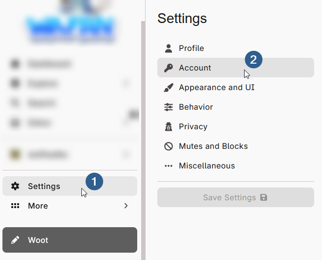 The sidebar and settings menu, showing the steps to navigate to the "Account" submenu. The first cursor is selecting "Settings" from the main WAFRN sidebar, and the second cursor selects "Account," the second option from the top.