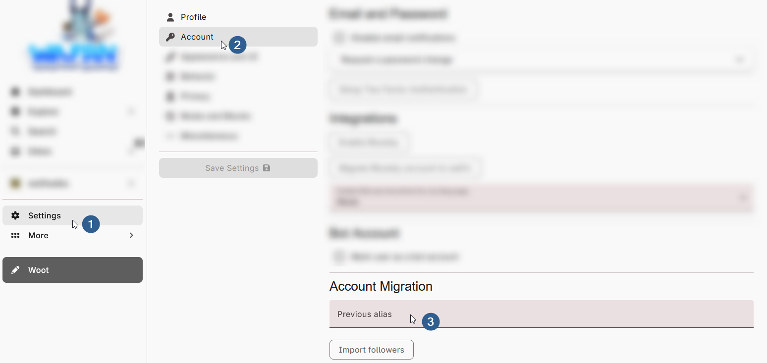 The WAFRN settings screen, with most of the irrelevant options blurred out. The first step is a cursor clicking on the "Settings" in the left-hand sidebar. The second step is clicking on the "Account" submenu. The third step is clicking into the "Previous Alias" box under "Account Migration"