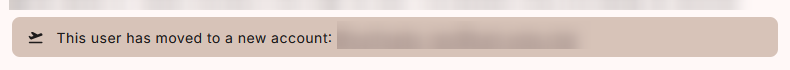 A brown banner on a WAFRN profile, with an airplane taking off. Text reads, "This user has moved to a new account:" with the new handle blurred out.