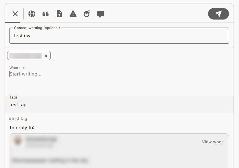 The WAFRN post editor, with a new reply open. The bottom of the editor shows, "In reply to:" with the username and post content blurred. At the top of the post editor, the "Content warning" option has been automatically opened, and is filled in with "test cw". The tags already have one entry, which is "test tag".