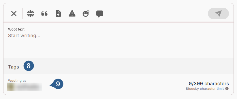 The WAFRN post editor. At the bottom of the editor window, the tags field is labeled "8" and the "Wooting as" field is labeled "9".