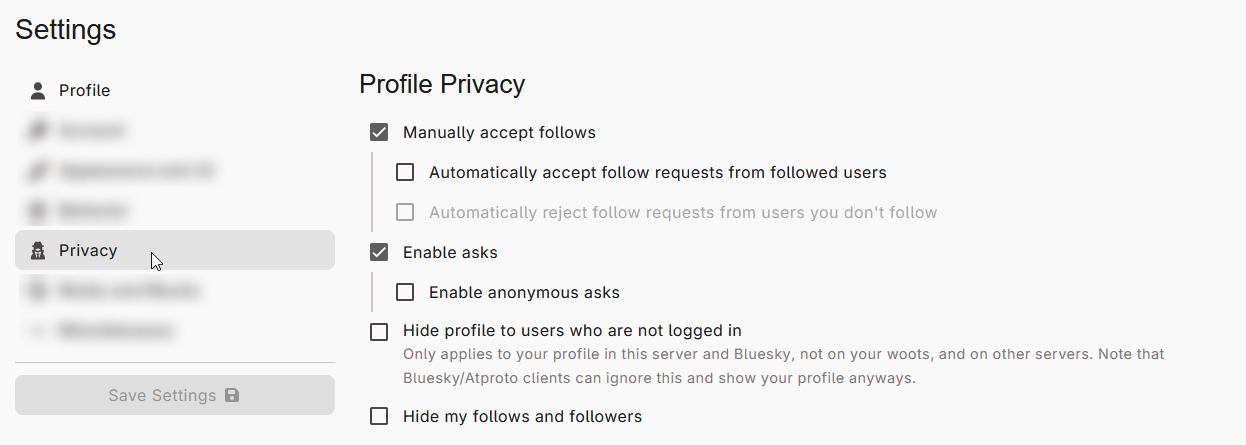 A screenshot of the "Privacy" submenu of the Settings page. The cursor has clicked on "Privacy" on the left-hand side. In the middle of the page, the subheader "Profile Privacy" appears, with the mentioned settings below. "Manually accept follows" and "Enable asks" are both checked.