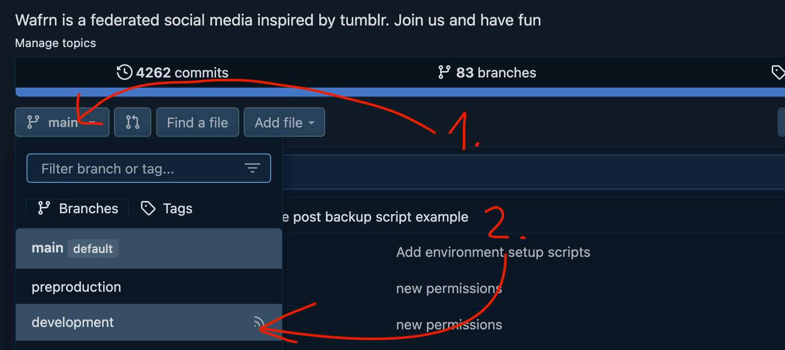 The branch selector on Codeberg, with two arrows pointing to the "main" button first then to the "development" button second