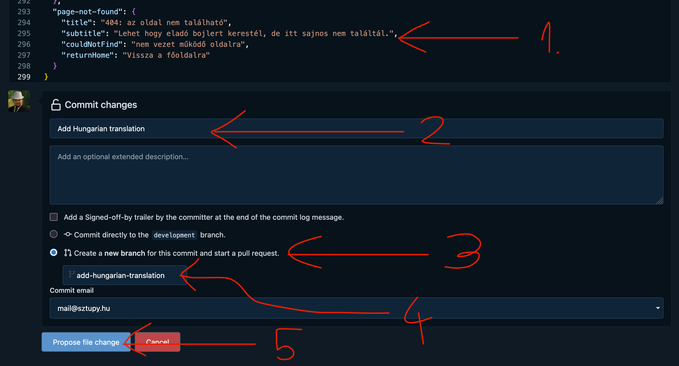 A picture with five arrows, each pointing to the relevant section on the screenshot for the five steps described above in order