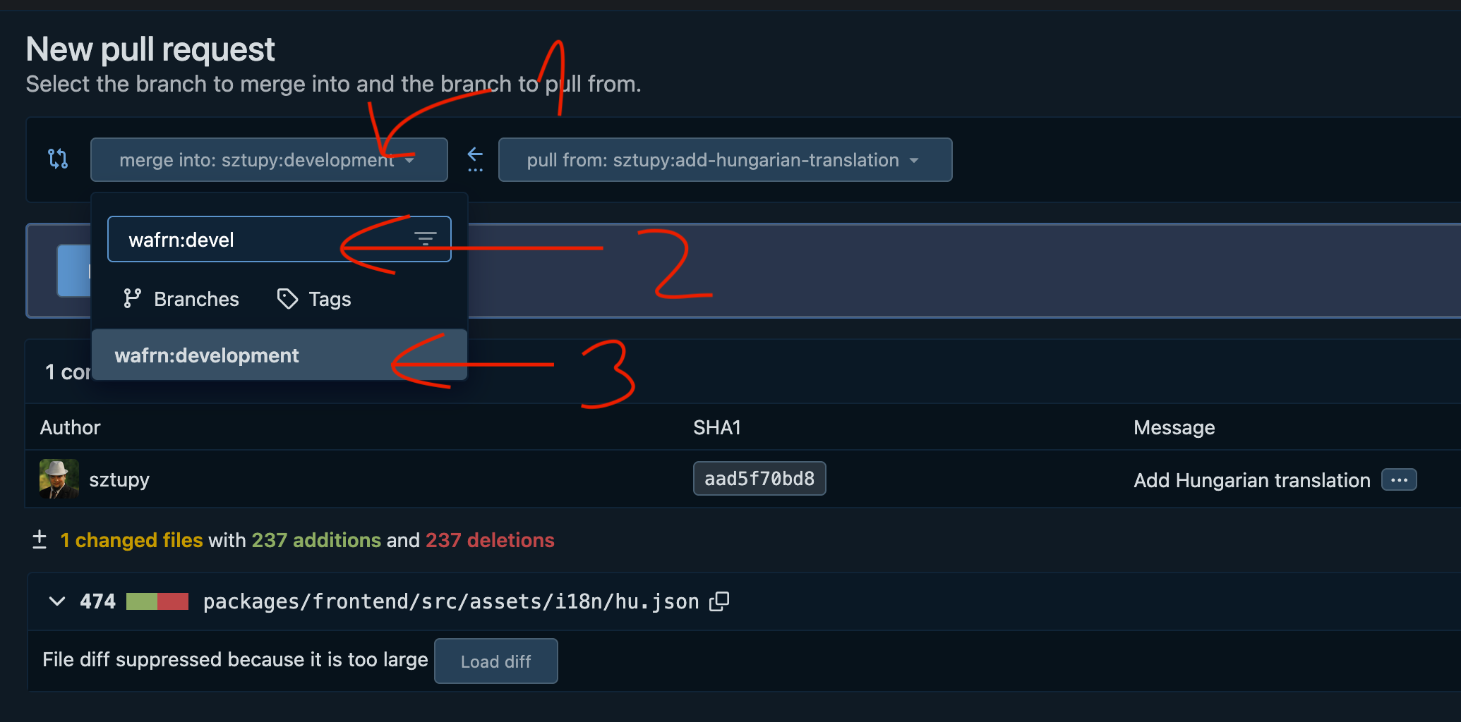 A picture with three arrows, the first pointing to the destination box, the second to the search functionality, and the third to "wafrn:development", the destination we want to use