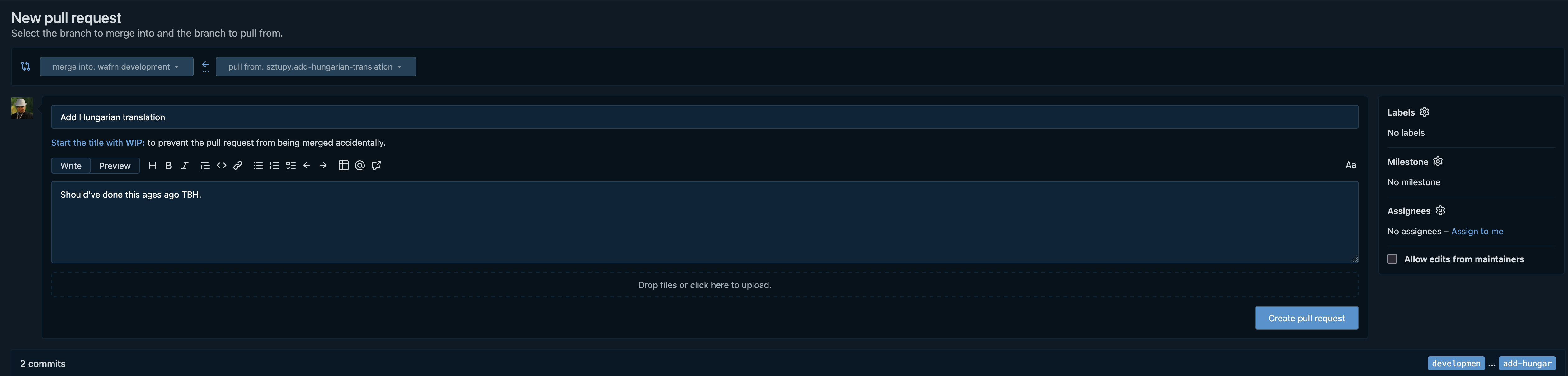 A picture showing the new PR page with filled in details as if the user was trying to create a PR for a new Hungarian translation. The "Create pull request" button is visible too